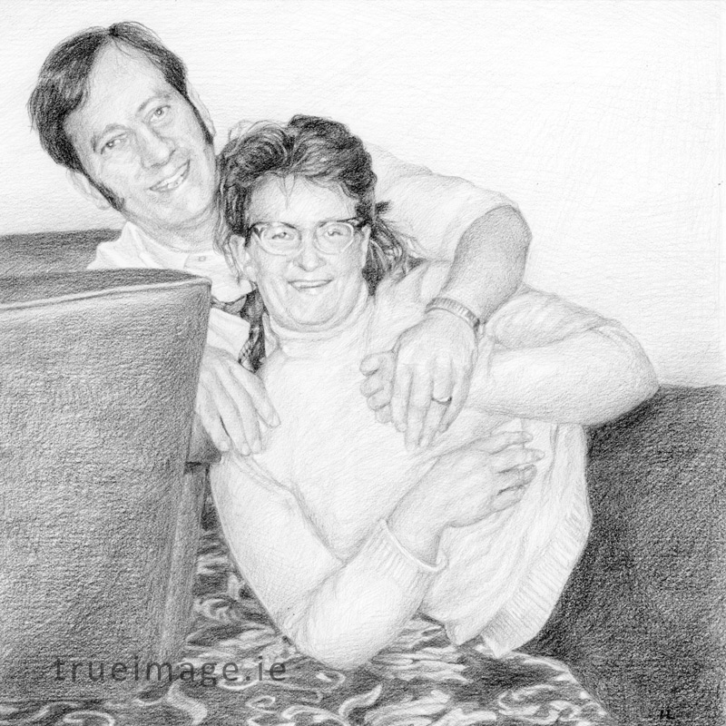 old photo pencil drawing of a husband and wife hugging