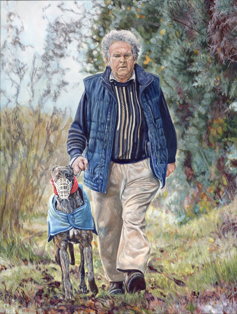 older man walking a greyhound dog in acrylic on canvas painting