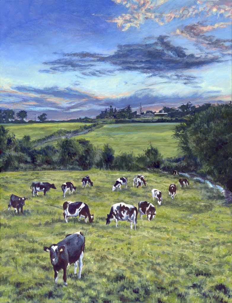 acrylic painting of a dairy herd of cows from a photo