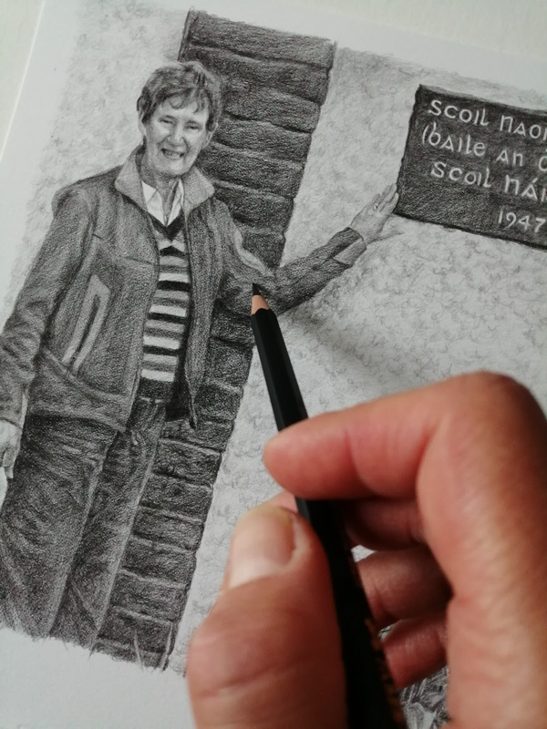 detailing a pencil sketch of a woman pointing