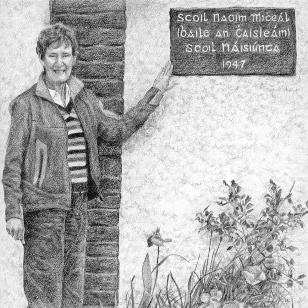 woman portrait sketch of a lady pointing at an irish school sign