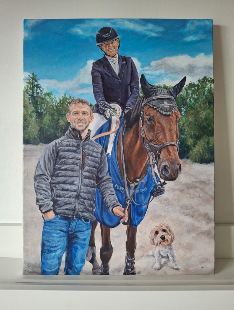 commissioned painting of a winning jockey, horse and her family