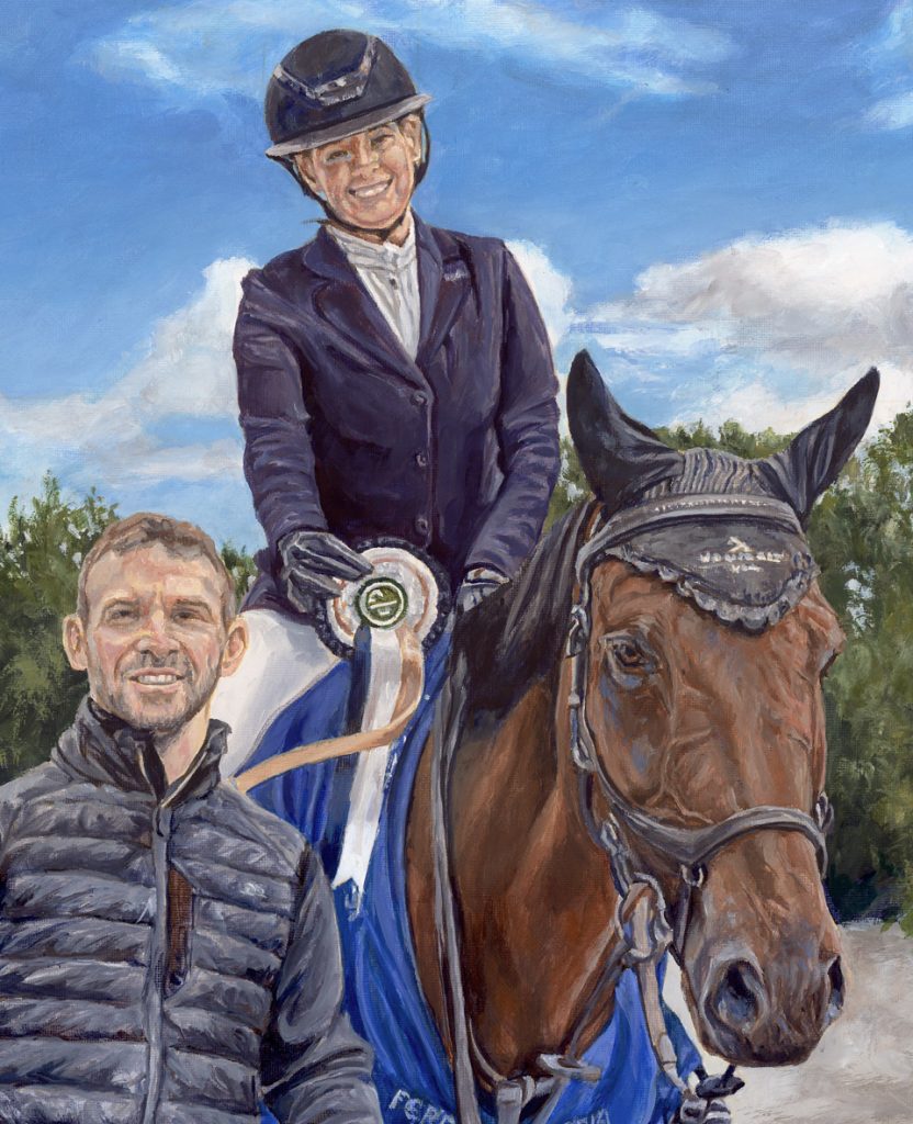 horse and rider portrait painting with a winning rosette