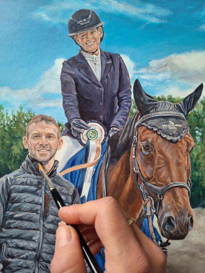 finishing detail in a portrait painting of a horse and people