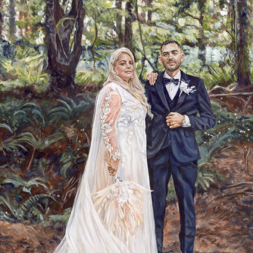 wedding portrait painting of a couple in a forest