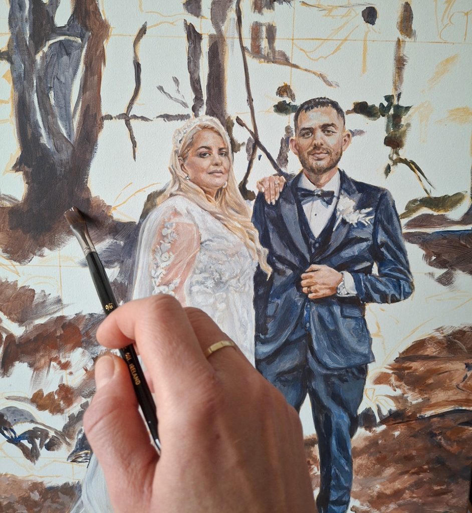 painting in progress of a wedding portrait