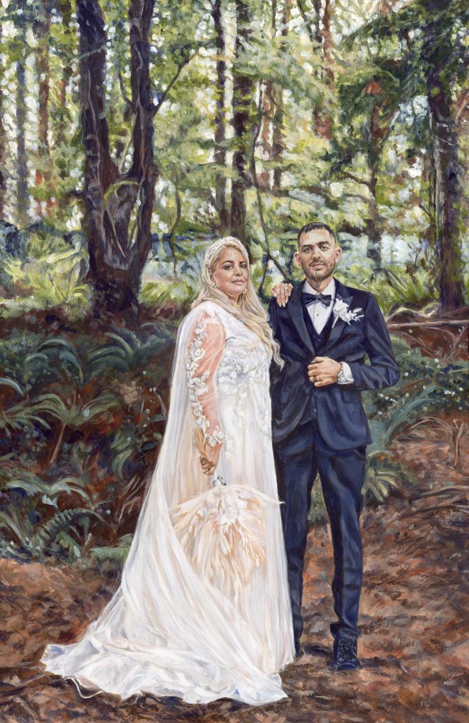 bride and groom smiling - portrait painting detail