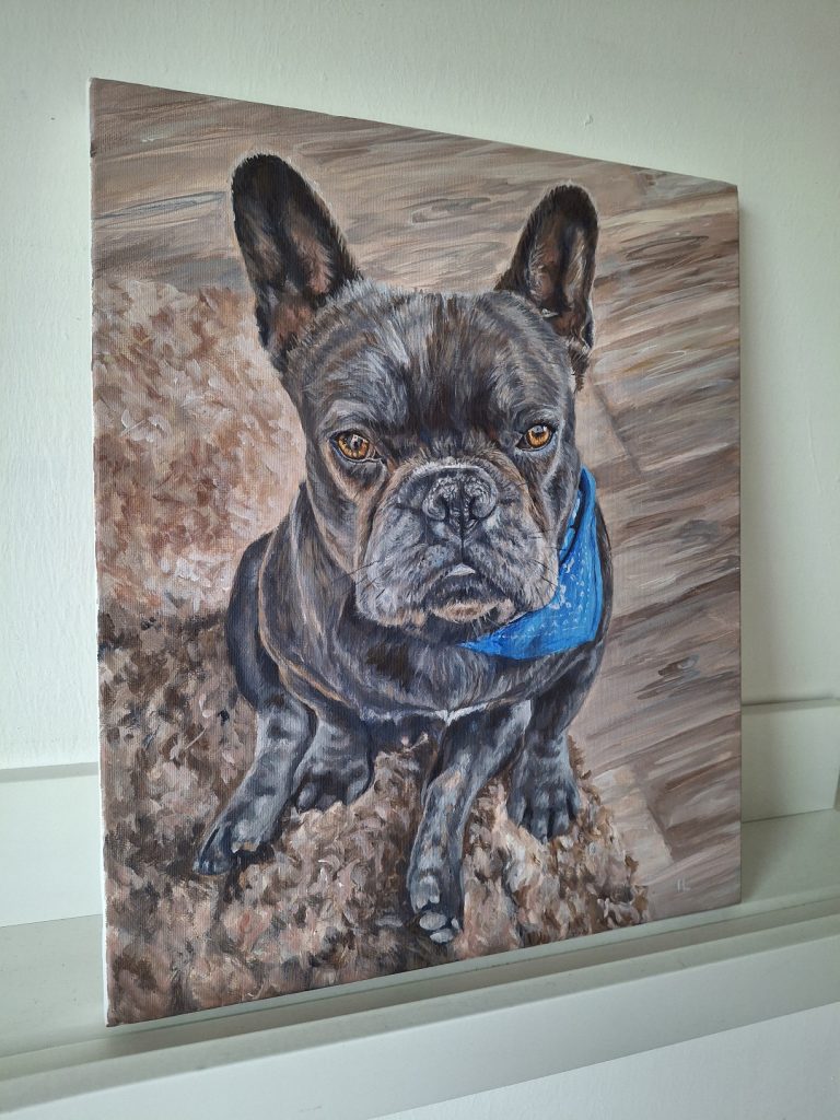 acrylic portrait painting of a french bulldog on canvas