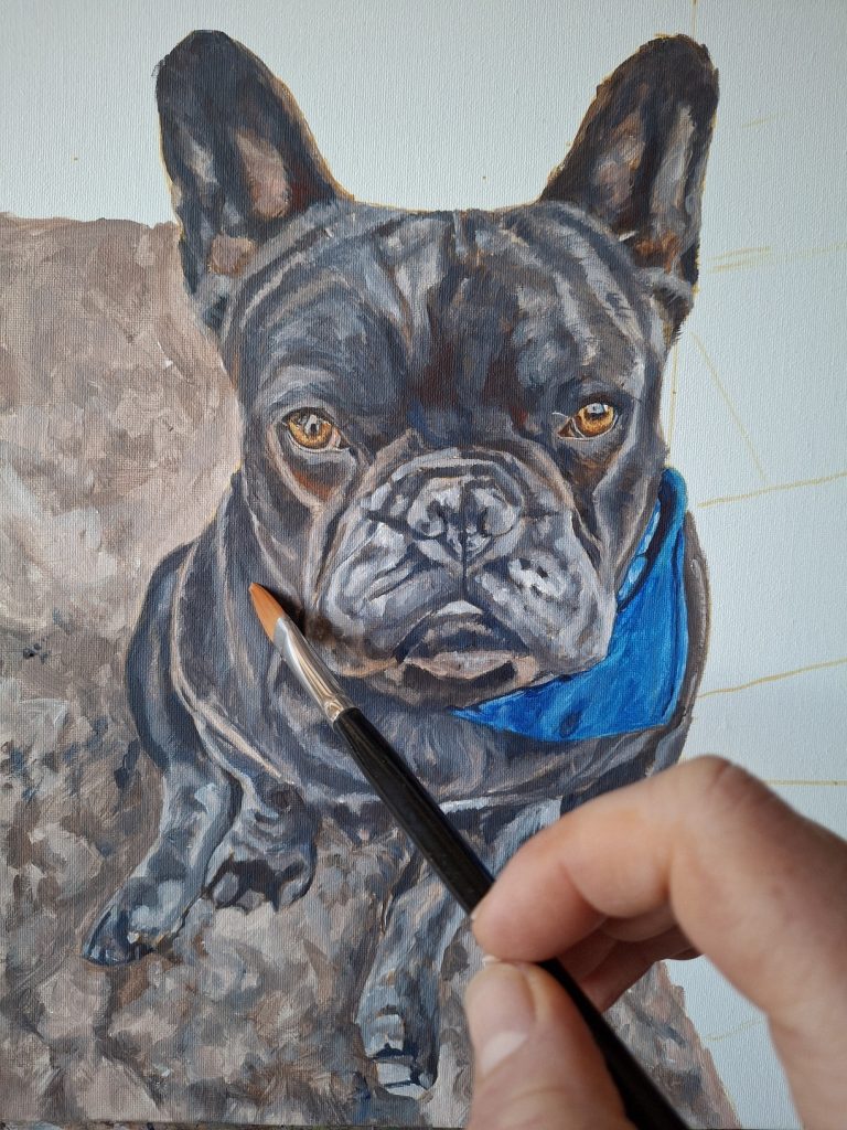 adding basic colours to a pet portrait in acrylic