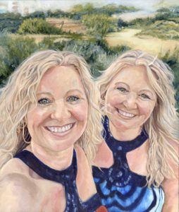portrait painting from a photo of twin sisters smiling