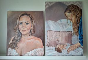 two portraits of a woman and baby on canvas