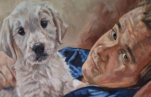 close up photo of a painted portrait of a white puppy dog and owner