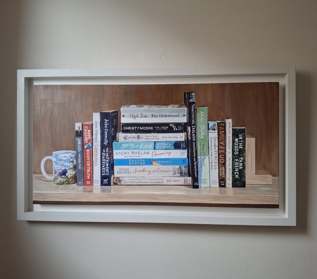 acrylic painting of books on a bookshelf in a frame