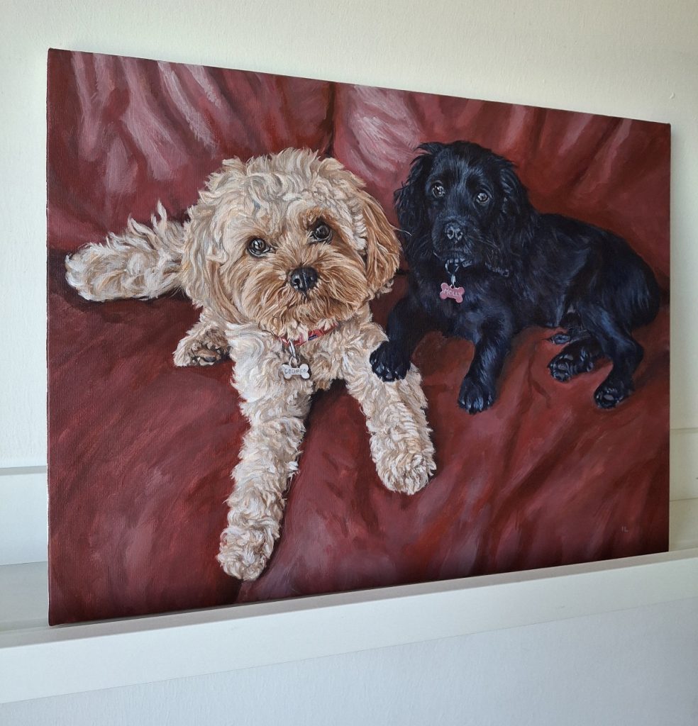 canvas of a finished dog portrait painting