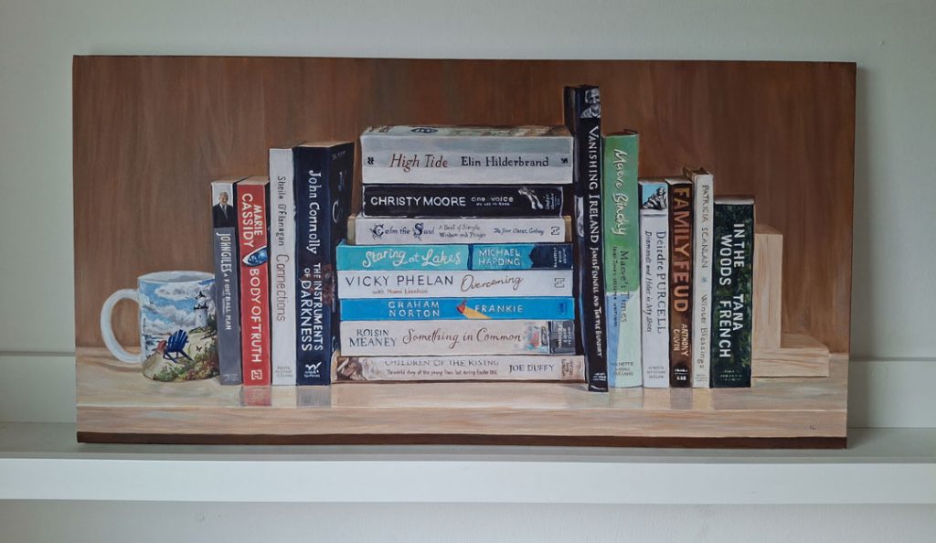 acrylic painting on canvas of books on a bookshelf