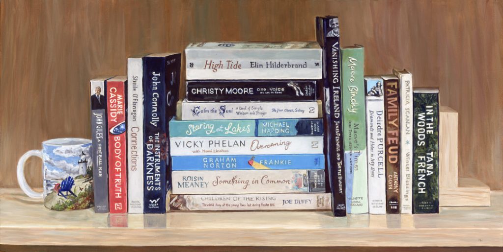 wide painting of a bookshelf with books