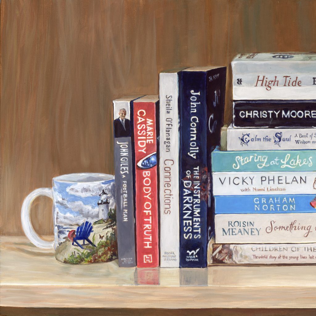left side of a wide canvas painting of books on a bookshelf
