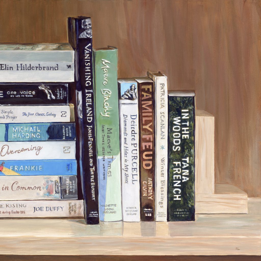 detail of a right side of a wide painting of a bookshelf