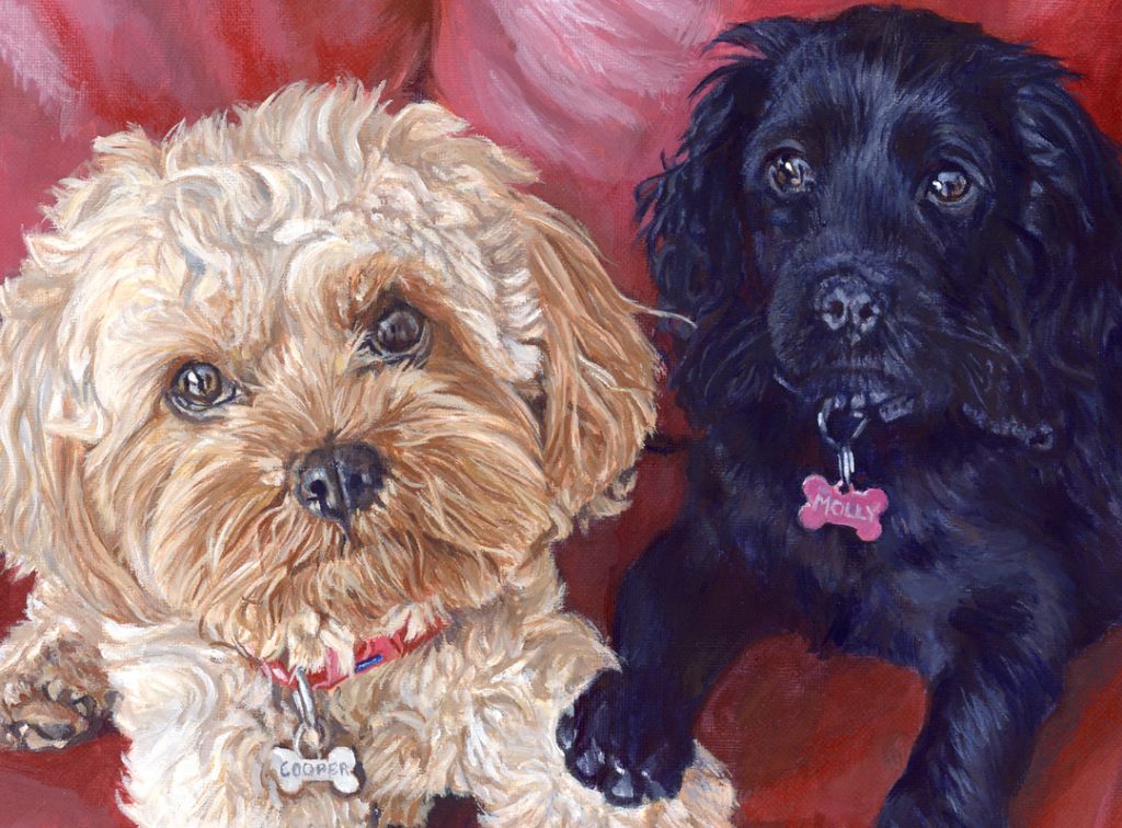 close up view of a painting of two cockapoo dogs on canvas