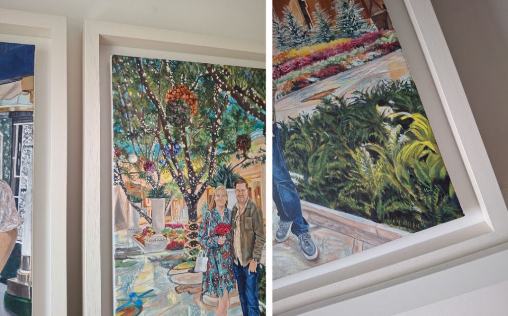 details of fine grain canvas potrait paintings in a tray frame
