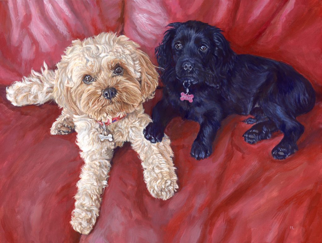 painting of two cockapoo dogs sitting on a red sofa