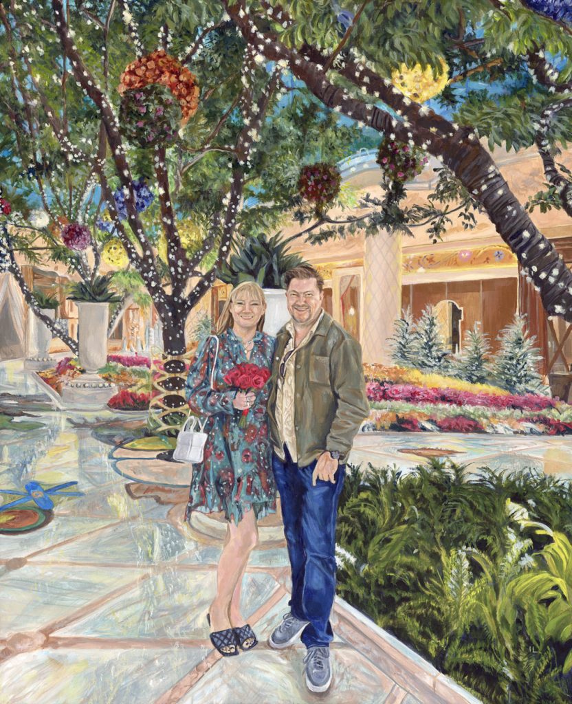 las vegas wedding day portrait painting of a couple in a tree lit scene