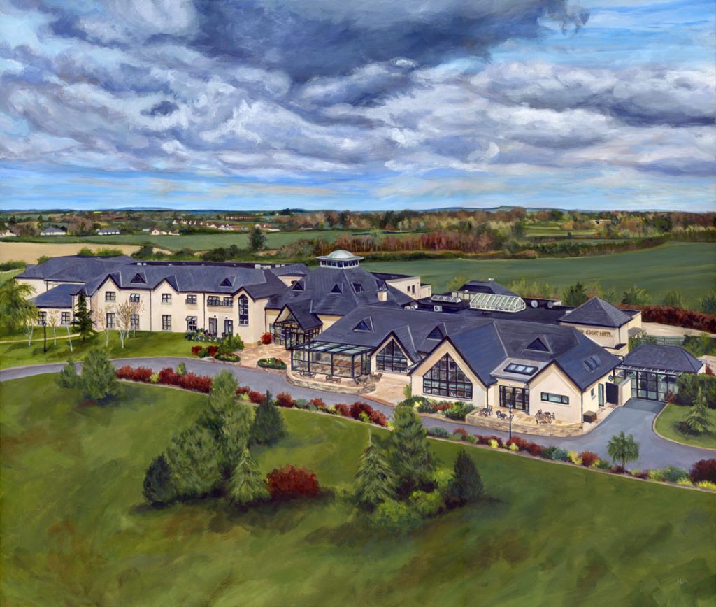 acrylic painting of clanard court hotel building aerial view
