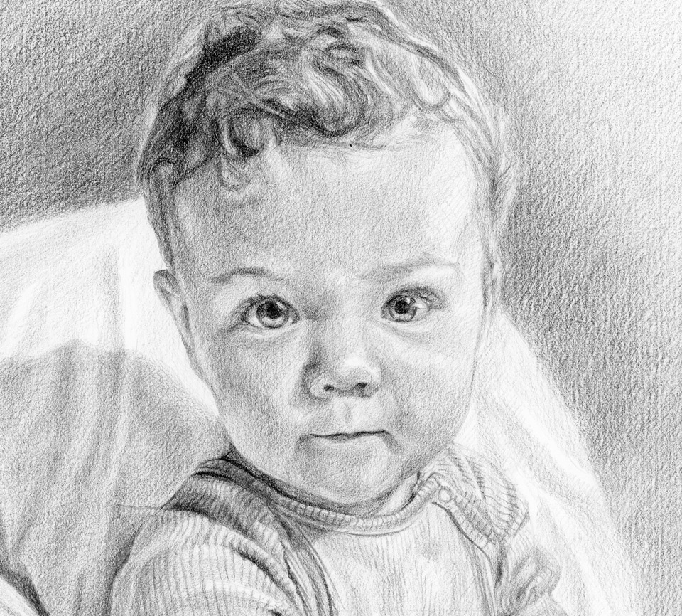 detailed view of a pencil sketch of a baby boy