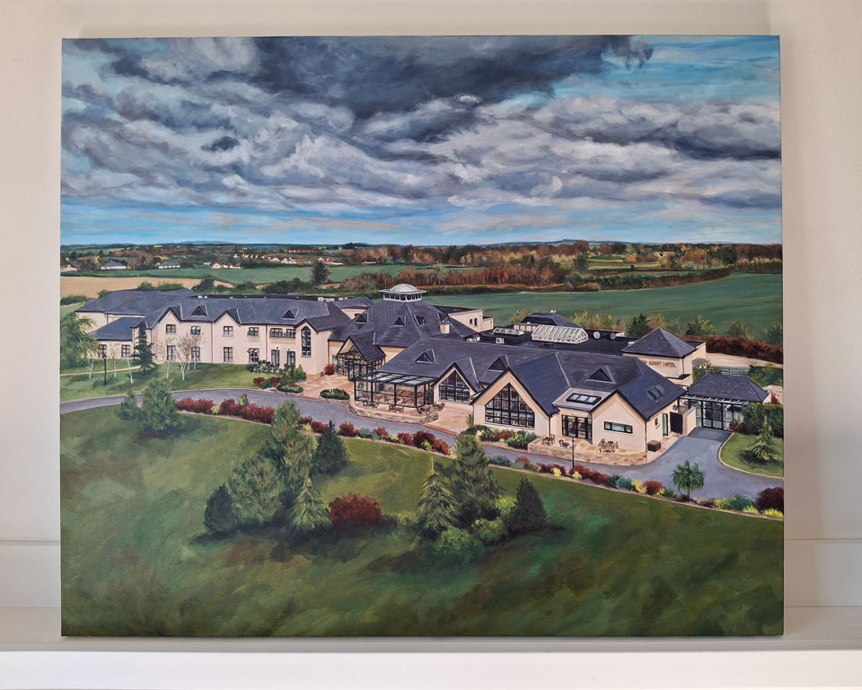 photograph of an aerial painting of the clanard court hotel in athy