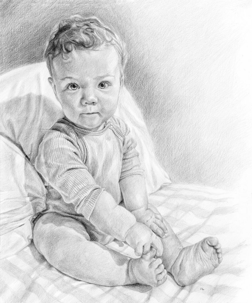 pencil portrait sketch of a baby boy sitting on a bed