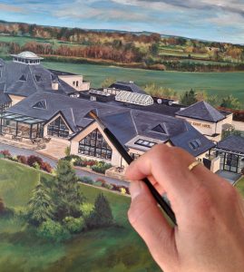 adding final detail to a hotel painting with a round brush