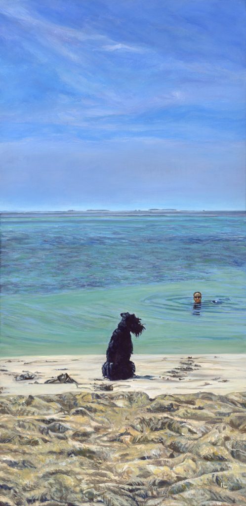 acrylic painting from a photo of a mini schnauzer dog at a beach watching her owner swim