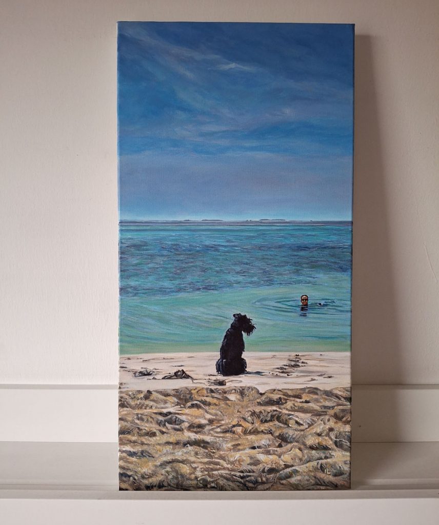 acrylic portrait painting on canvas of a woman swimming in the sea with dog on the beach