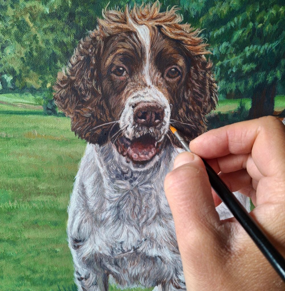 adding final detail to a springer spaniel painting with a round brush