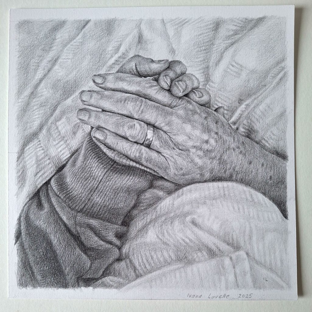 pencil sketch on paper of two hands holding