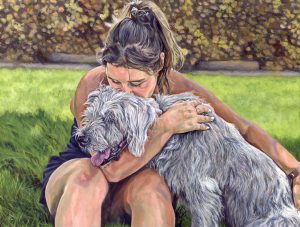girl hugging her dog portrait painting in acrylic
