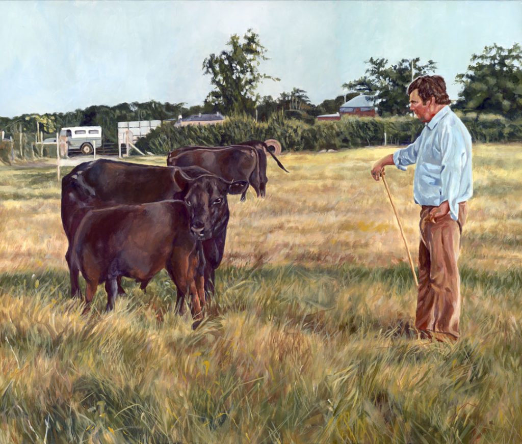 acrylic farmhouse painting of a farmer with cattle in a farm field