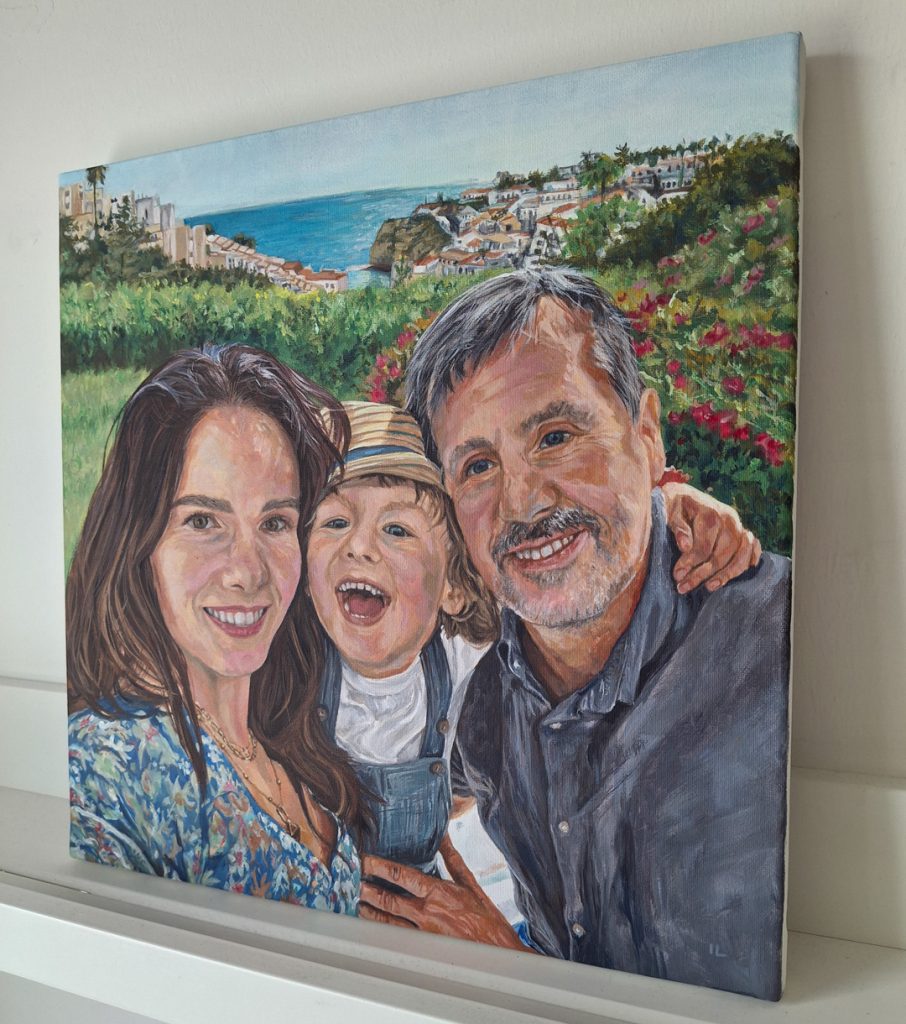 detail of a canvas painting of a smiling young family on holidays