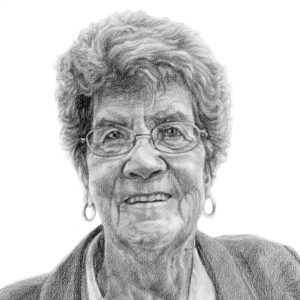 detail of a portrait drawing of a smiling lady