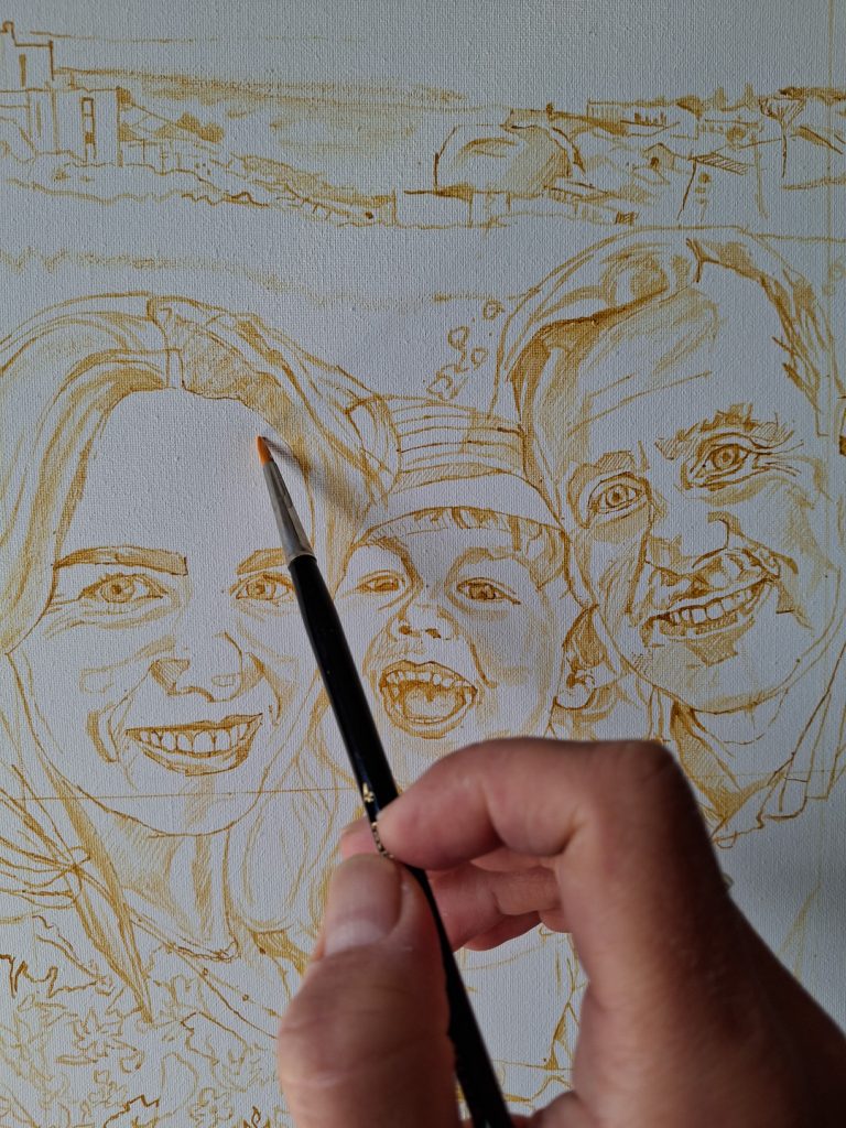 yellow ochre line sketching a family portrait painting