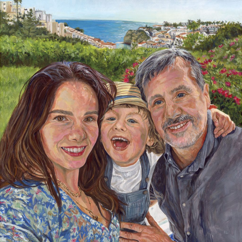 portrait painting of a young family smiling on holidays in portugal