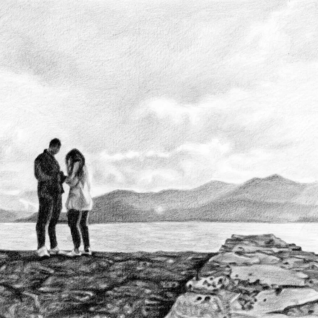 graphite pencil drawing of a couple during engagement