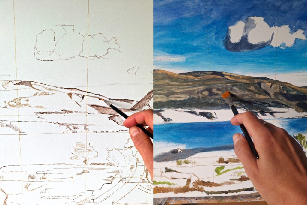 line sketch and colour blocking stage of a landscape painting