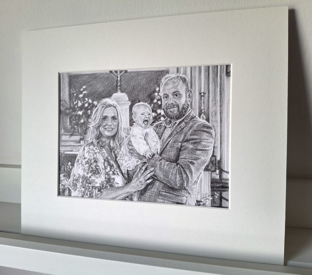 pencil sketch of a family in a mount