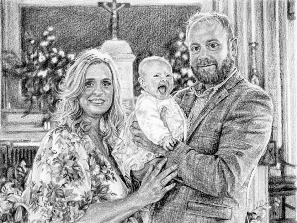pencil drawing of parents holding baby in church