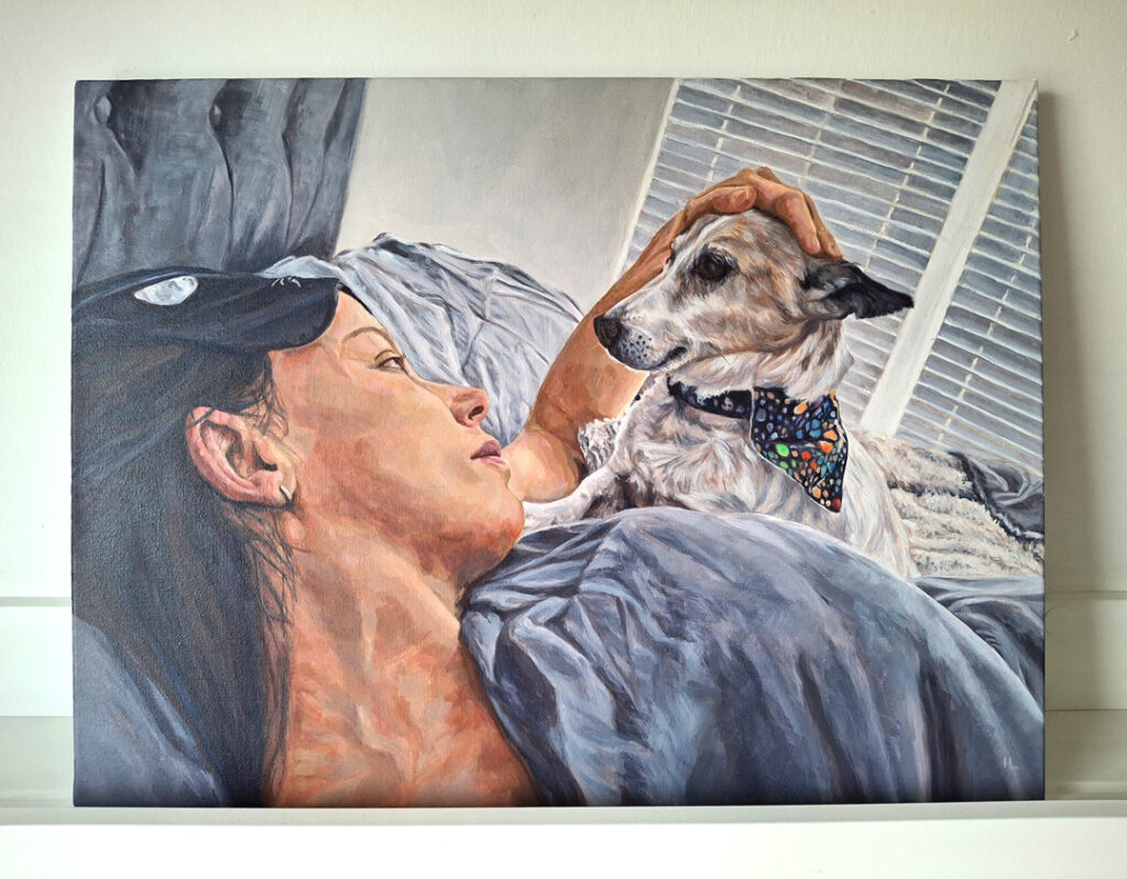 canvas detail of a portrait painting of a girl and dog