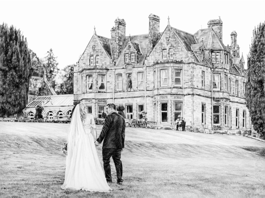 wedding pencil portrait from castle leslie estate monaghan on paper