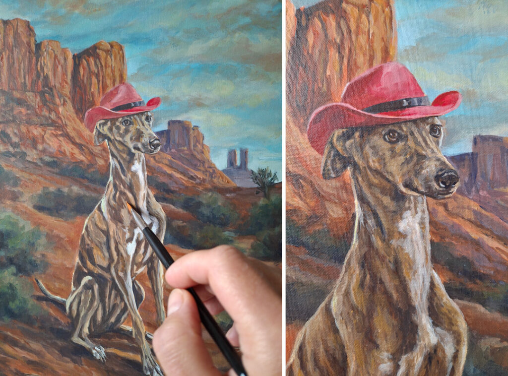 adding detail to the dog portrait canvas