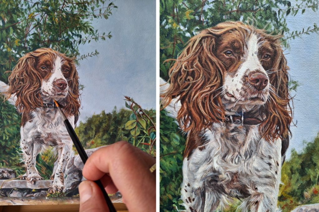 english springer spaniel painting in round brush