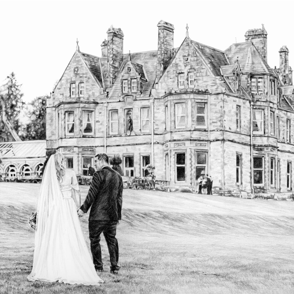 close up of a pencil portrait wedding drawing at castle leslie